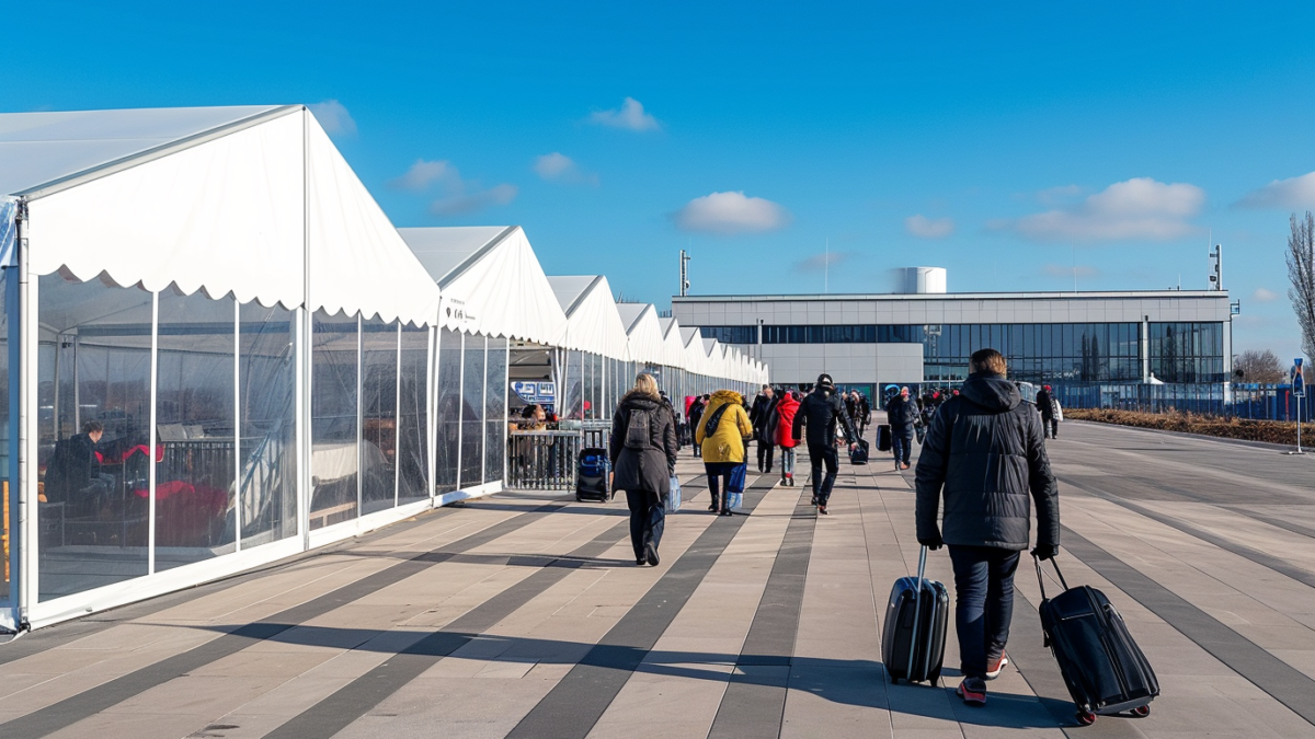 Tymczasowy terminal w namiocie w Porcie Lotniczym Szczecin-Goleniów podczas rozbudowy