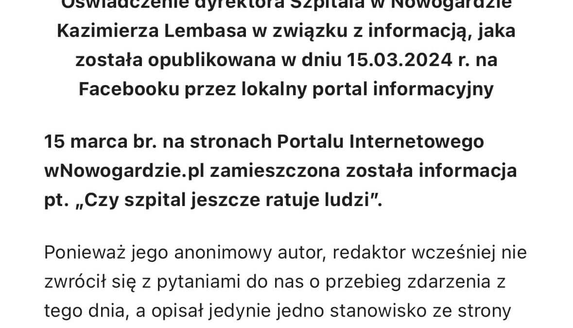 Reakcja dyrektora Szpitala w Nowogardzie na publikację w portalu społecznościowym