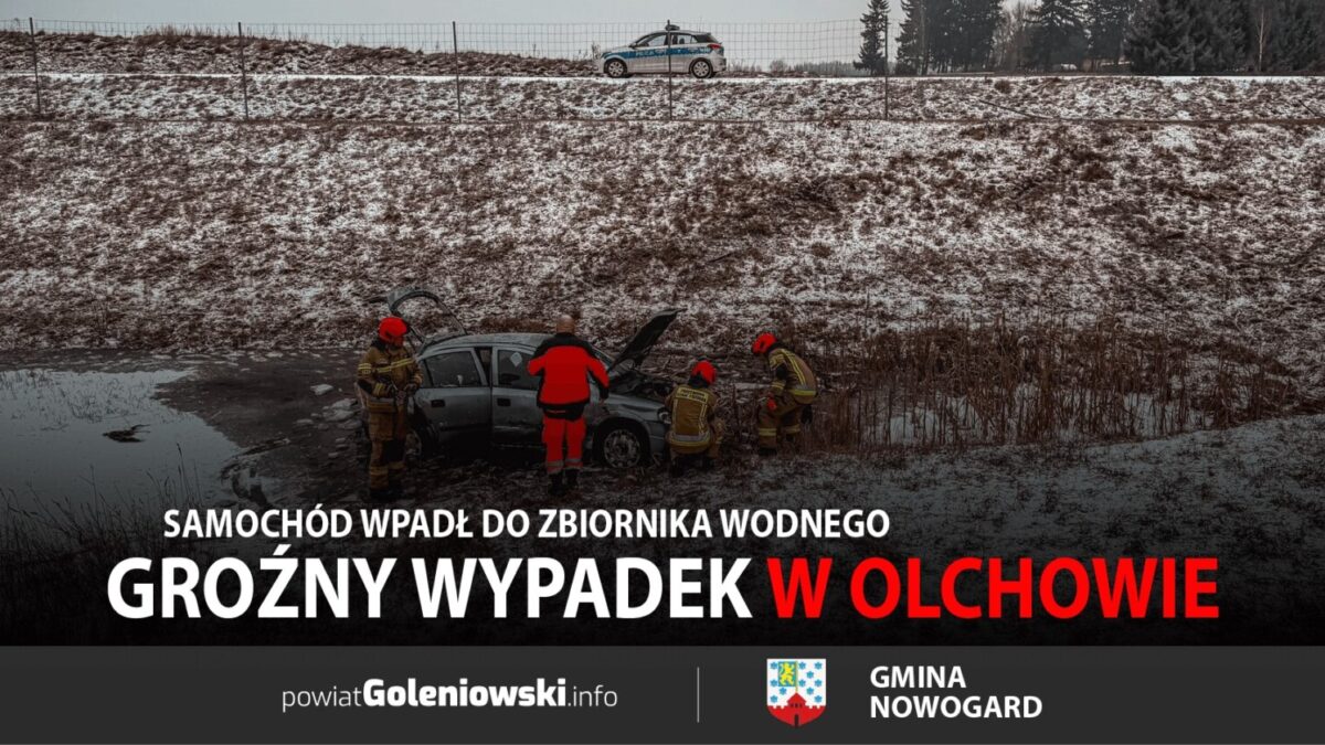 Groźny wypadek w Olchowie. Samochód wpadł do zbiornika wodnego