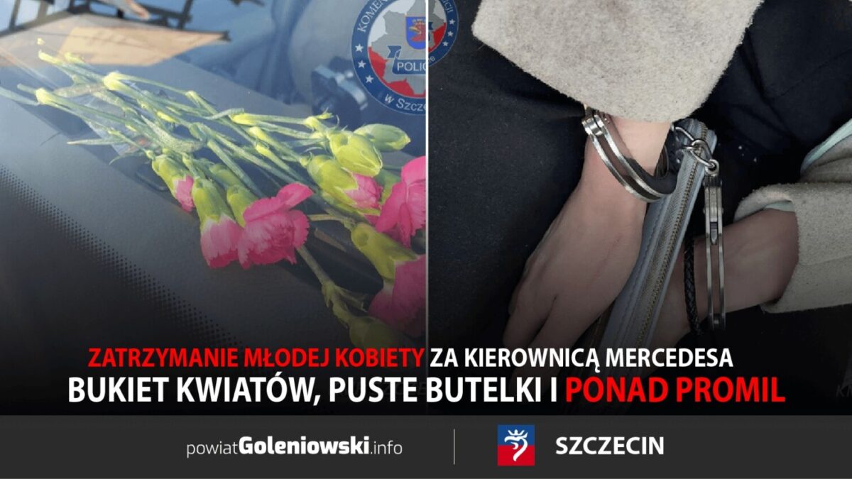 Bukiet kwiatów, puste butelki i ponad promil – szokujące zatrzymanie młodej kobiety za kierownicą Mercedesa