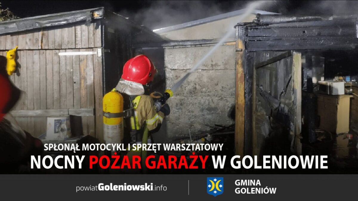 Nocny pożar garaży przy ul. Chopina w Goleniowie. Spłonął motocykl i sprzęt warsztatowy